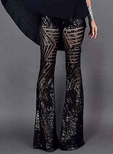 Pantalones Acampanados con Lentejuelas Brillantes de Pierna Ancha Informales de Cintura Alta para Mujer (Black,L)