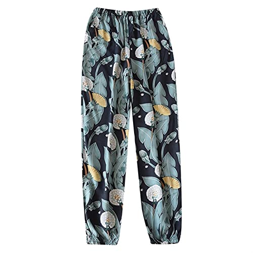 Pantalones de salón Pantalones con estampado floral de fondo de sueño para mujer Pantalones caseros anti-mosquitos delgados y frescos Pantalones de fondo ( Color : Green , Size : X-Large )