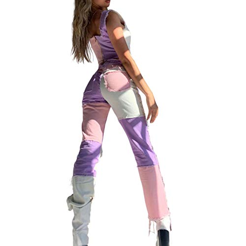 Pantalones Jeans para Mujer, Mujer Pantalones Vaqueros Campanas Ancha Regular Fit Bloque de Color (Rosa, XXL)