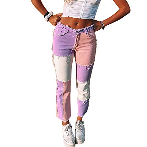 Pantalones Jeans para Mujer, Mujer Pantalones Vaqueros Campanas Ancha Regular Fit Bloque de Color (Rosa, XXL)