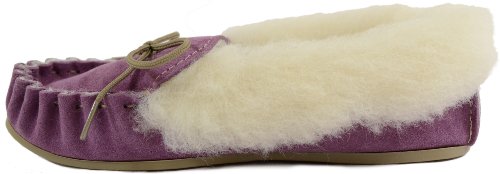 Pantuflas para mujer de ante beige y camello con forro de lana, puño de lana y suela de goma, fabricadas en Reino Unido, tallas 3 a 9, color Morado, talla 37 EU