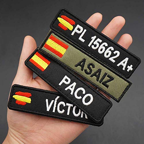 Parche bordado con etiqueta de nombre militar personalizado, bandera de España verde militar personalizada con gancho de hierro en el respaldo A + B +