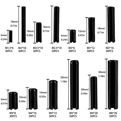 Pasadores de Resorte Ranurados de Acero al Manganeso Pasador Tensión Divididos Surtido kit M1.5 M2 M2.5 M3 M4 M5 M6 con Caja 390 Piezas