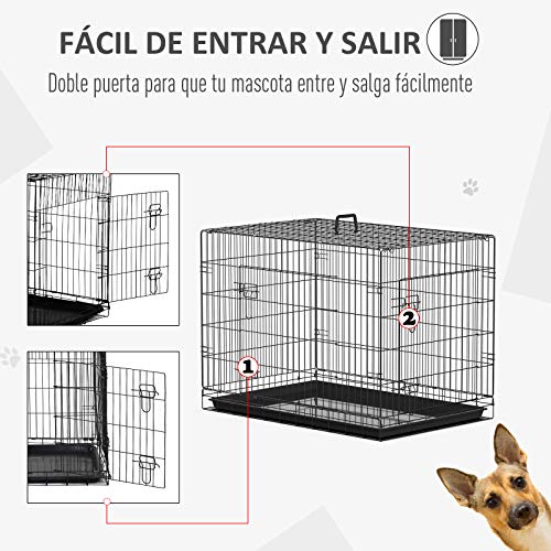 PawHut Transportín de Perro de 2 Puertas Jaula de Alambre para Perros Plegable con Asa Acero 91x61x67cm Negro