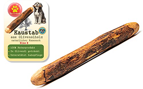 Pethaus Hueso masticable 100 % natural de madera de olivo para perros de hasta 10 kg, empapado en aceite de oliva, limpieza dental y entrenamiento de masticar, duradero y sin astillas, tamaño S