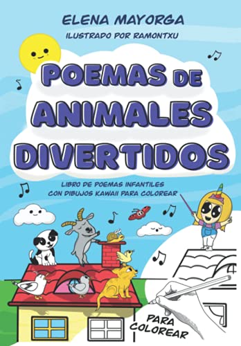 Poemas de animales divertidos: Libro de poemas infantiles con dibujos kawaii para colorear