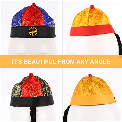 PRETYZOOM 4 Piezas Sombrero de Disfraz de Emperador Chino con Trenza Sombrero Tradicional Mandarín Novedad Sombrero de Fiesta Accesorios de Ropa Samurai para Niños Pequeños de 7 a 15 Años