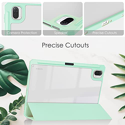 PZEMIN para Xiaomi Pad 5 / Xiaomi Pad 5 Pro Funda + Protector de Pantalla Cristal Templado Película - Ultra Delgada Trasera Transparente Back TPU Cover con Soporte Incorporado de Pencil (Menta Verde)