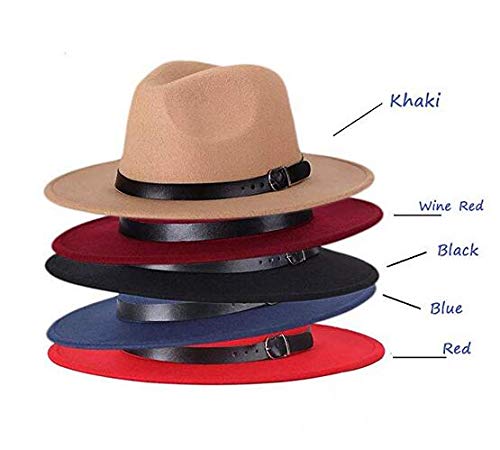QUUPY Sombrero clásico de Fedora de ala ancha con hebilla de cinturón Sombrero de Panamá de fieltro para mujeres y hombres (rojo)