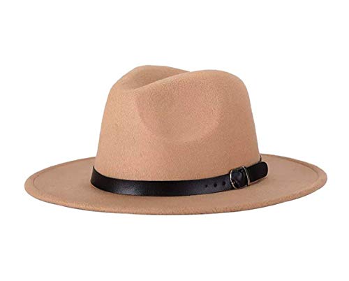QUUPY Sombrero clásico de Fedora de ala ancha con hebilla de cinturón Sombrero de Panamá de fieltro para mujeres y hombres (rojo)