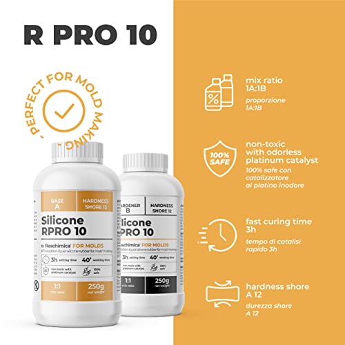 R PRO 10 es una goma de silicona, 100% segura, no tóxica, líquida endurecedora de platino, suave, alta resistencia al desgarro, fácil de usar (proporción de mezcla 1: 1) (500 g)