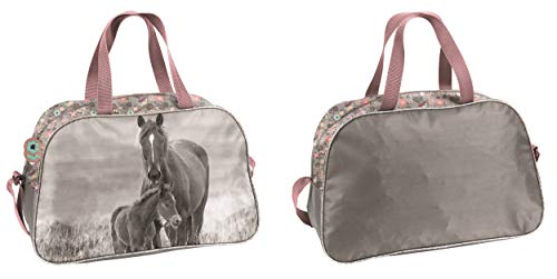 Ragusa-Trade Bolsa de deporte para niñas y niños, con bonito diseño de caballos (KO20) para niñas, rosa/gris, 40 x 25 x 13 cm