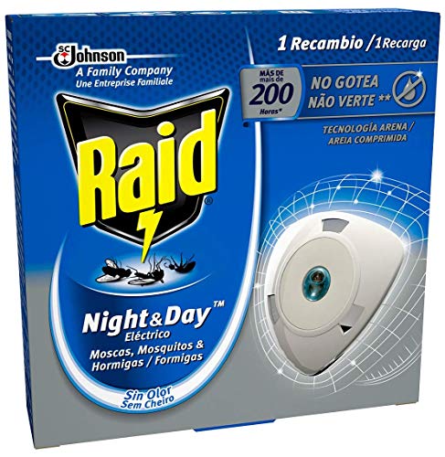 Raid Night & Day - Recambio para Aparato Electrico Anti Moscas, Mosquitos y Hormigas. Recarga Enchufe Inoloro con Más de 200 Horas de Protección, Azul, Incluye 1 Recambio