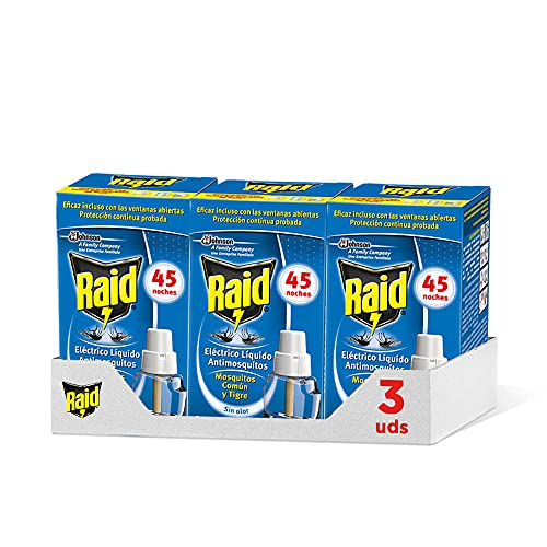 Raid - Recambio para difusor eléctrico anti mosquitos comunes y tigre, 3 x 45 noches (Pack 3 recambios, 135 noches) )