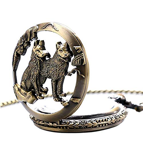 Reloj de bolsillo de cuarzo, diseño de lobo y luna, bronce, estilo antiguo
