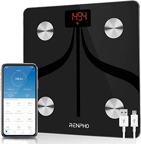 RENPHO Báscula de Grasa Corporal Inteligente Bluetooth Recargable por USB Báscula para Baño Digital con Aplicación Inalámbrica Monitor de Composición Corporal para Peso Corporal