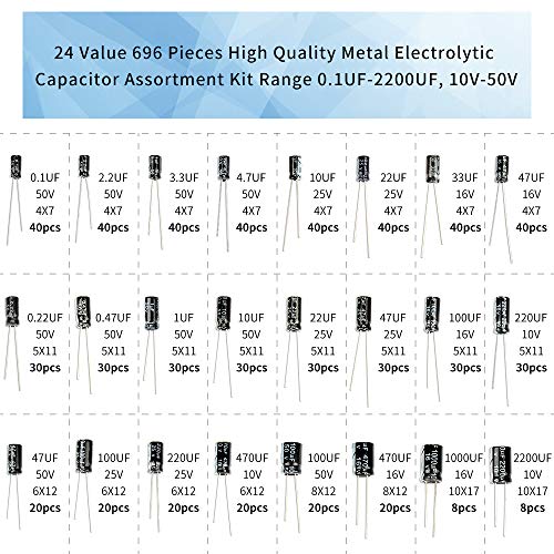 REXQualis 24Value 696pcs Kit de Condensador electrolítico de Rango de 0.1uF-1000uF, 10V 16V 25V 50V