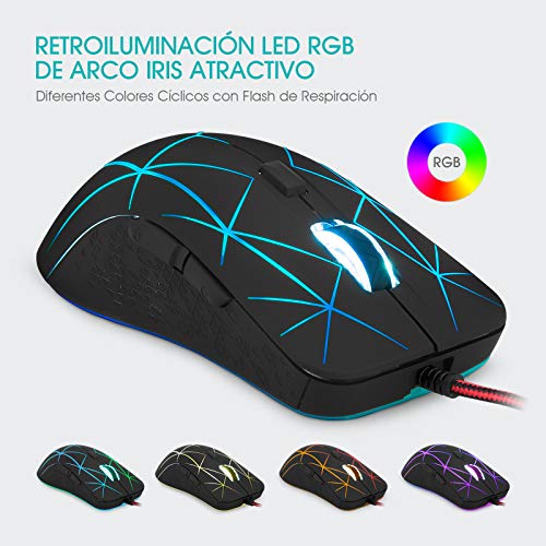 Rii RM106 Ratón Gaming 3200 dpi,ergonómico ratón óptico con Cable USB, de 6 Botones y 4 Niveles de dpi Ajustables. 7 Colores RGB LED y retroiluminación Parpadeante. Color Negro