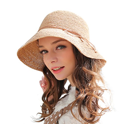 RIONA Sombrero para el sol de paja de rafia 100% raffia de verano, tejido a mano y plegable para Mujeres Beige Un tamaño