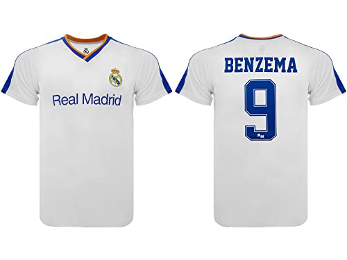 Roger's Camiseta de fútbol personalizada Karim Benzema temporada 2021 2022. Camiseta blanca número 9. Primera camiseta réplica oficial autorizada. Tallas de adulto y niño.