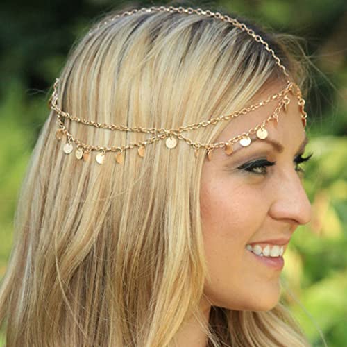 Runmi Cadena para la cabeza con lentejuelas, borlas para novia, diadema dorada, accesorios para el cabello para mujeres y niñas