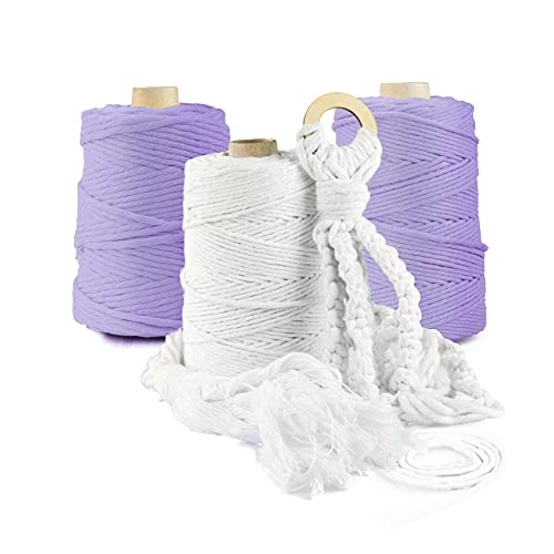 Seiletech.de Hilo de macramé prémium, 200 m, 3 mm, color violeta claro, 100 % algodón, cordón natural, hilo de algodón, decoración artesanal