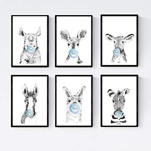 Set 6 posters animales bebes con chicle. Zebra Rino Ciervo Vaca Caballo Llama.Tamaño A4
