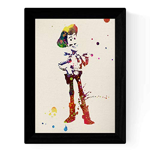 Set de cuatro láminas estilo explosión de color. Posters Pelicula Toy Story, Buzz, Woody, Jessie y el caballo en Tamaño A3 Fondo color acurela sin marco