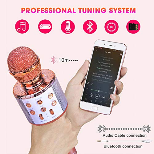 ShinePick Micrófono Karaoke Bluetooth, 4 en1 Microfono Inalámbrico Karaoke Portátil con Luces LED para Niños Canta Partido Musica, Compatible con Android/iOS PC, AUX o Teléfono Inteligente (Oro rosa)