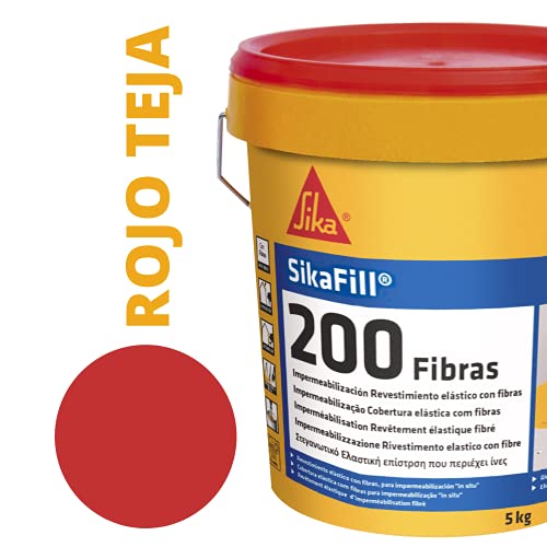 SikaFill 200 Fibras, Rojo teja, Pintura acrílica con fibras de vidrio para impermabilización de cubiertas visitalbles y protección de pareces medianeras, 5kg