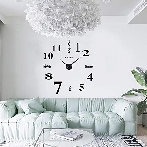 SITAKE Reloj de pared grande, espejo 3D relojes de pared para el hogar, cocina, hotel, oficina y decoración de la escuela, adhesivo decorativo de pared para sala de estar y dormitorio, negro, 1 m