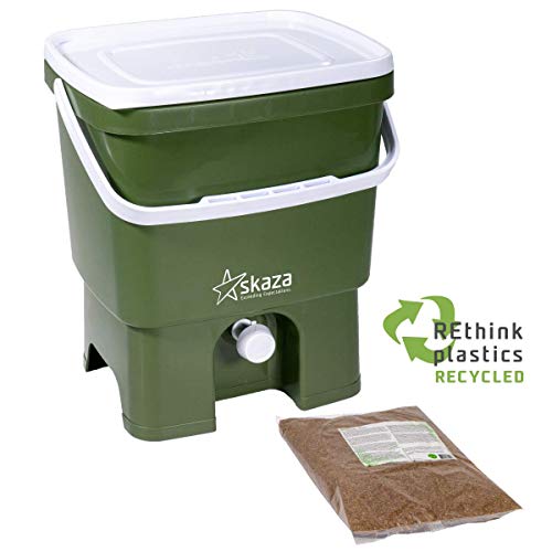 Skaza Bokashi Organko Set (2 x 16 L) Compostador 2X de Jardín y Cocina de Plástico Reciclado | Starter Set con Bokashi Organko Polvo 1 Kg. (Oliva-Blanco)