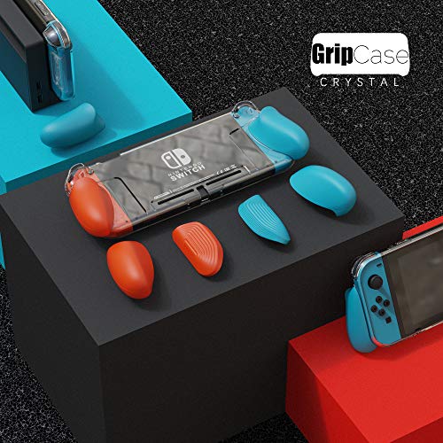 Skull & Co. GripCase Crystal: A Dockable Transparent Protective Cover Case with Replaceable Grips [to fit All Hands Sizes] for Nintendo Switch [No Carrying Case] - Neon Blue(L)+Neon Red(R)