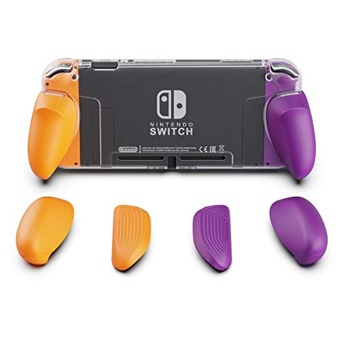 Skull & Co. GripCase Crystal: A Dockable Transparent Protective Cover Case with Replaceable Grips [to fit All Hands Sizes] for Nintendo Switch [No Carrying Case] - Neon Purple & Orange