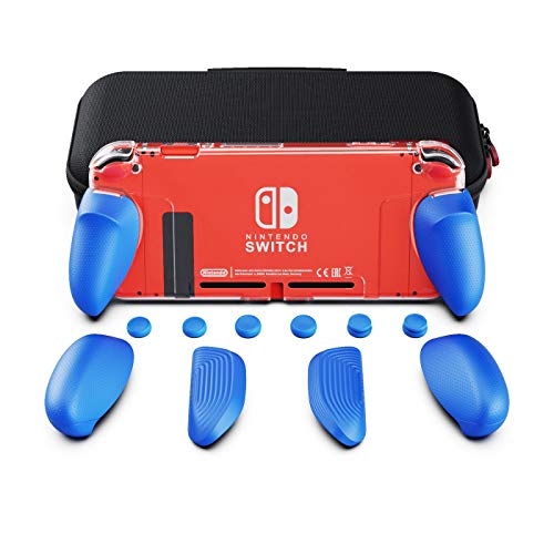 Skull & Co. GripCase Crystal Bundle: A Dockable Transparent Protective Cover Case with Replaceable Grips [to fit All Hands Sizes] for Nintendo Switch [with Carrying Case] - Mario Blue [Season Special]
