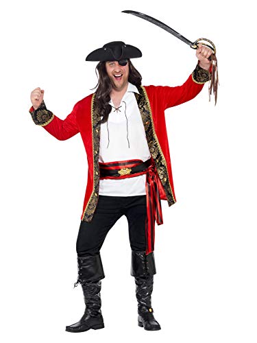 Smiffys-24464L Disfraz de capitana Pirata con Curvas, con Chaqueta, Camisa y fajín, Color Rojo, L-Tamaño 42"-44" (Smiffy'S 24464L)