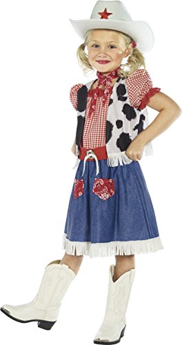 Smiffy's Cowgirl Sweetie - Traje de vaquera con vestido, chaleco, bufanda, cinturón y sombrero, tamaño: S