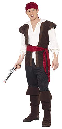 Smiffys- Disfraz de pirata, negro, pañoleta, top, pantalones, cinturón y cubrebotas, Color, L - Tamaño 42"-44" (Smiffy's 20469L) , color/modelo surtido