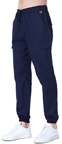 Socluer Cinturón de algodón elástico de los Hombres Pantalones de Carga Largos con cordón Bolsillos Laterales Pantalones Deportivos Pantalones de Jogging Ropa Deportiva (Navy, M)