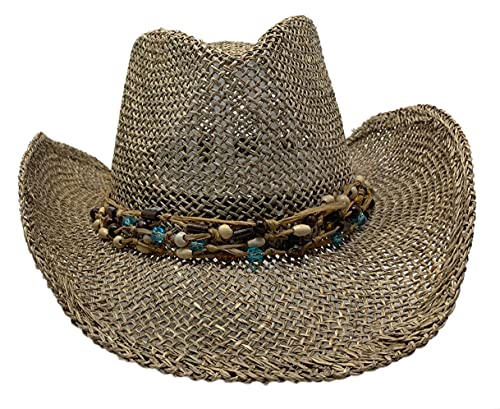 Sombrero Cowboy De Yute con Cinta De Piedras, Sombrero Cowboy, Sombrero de Yute, Sombrero para Sol, Hombre, Mujer, Unisex, Yute, Sombrero de Verano, Sombrero de Primavera