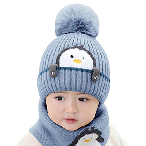 Sombrero de bola de felpa de punto 1-3T pingüino de invierno cálido de dibujos animados suave impresión animal bebé sombrero recién nacido para compras sombreros de bebé, azul celeste, L