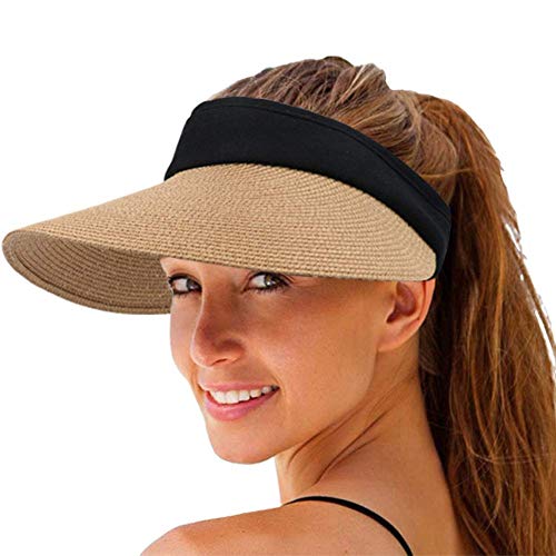 Sombrero de Paja con Visera de Paja para Mujer, Gorra de Playa con protección UV de Verano de ala Ancha, Paquete Plegable Coreano (Caqui)
