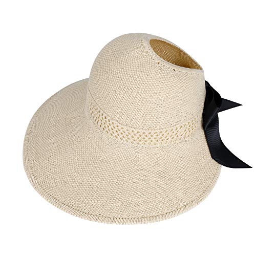 Sombrero Sol de Paja de Las Mujeres Verano Playa Pamelas Algodón Protección ala Ancha UV Gorro Plegable con Bowknot, Trenzado para Viajes Decoración Vacaciones