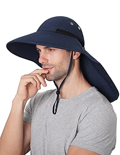 Sombreros para el Sol Hombre, Gorra Transpirable ala Ancha protección UV Protege Cuello Cara, Sombrero Jardin Hombre Adecuado para Trekking (Azul Marino)