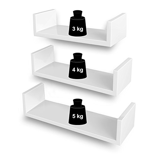 SONGMICS Juego de 3 estantes murales Modernos, Estantes flotantes de Pared, Estantes de Almacenamiento de MDF, Acabado de Alto Brillo, Montaje Oculto, Blanco, LWS40WT