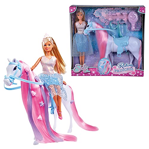 Steffi Love Riding Princess - Muñeca de Princesa con Caballo, Totalmente móvil, con Cepillo, Clip para el Pelo y Dos mechones, 29 cm, para niños a Partir de 3 años