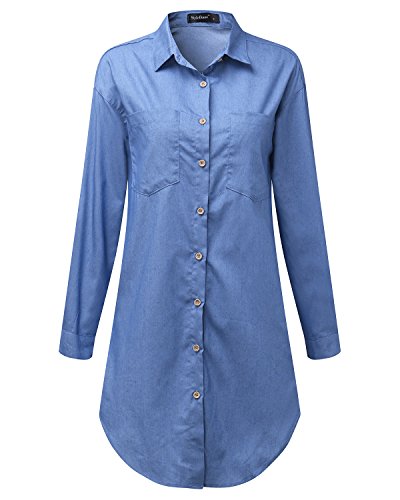 Style Dome Blusa Vaquera Camisa de Mujer Botones Elegantes de Manga Larga para Mujer Blusa de Mujer Túnica de Mujer Elegante Larga Grande Azul claro-649683 M