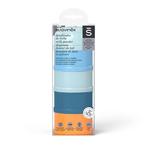 Suavinex 306959 - Dosificador para leche en polvo y cereales, con 4 compartimentos y cierre de rosca, lavable en lavavajillas, multicolor, azul, 166 g