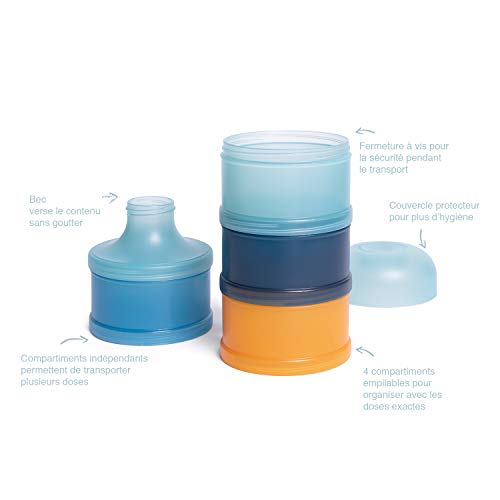 Suavinex 306959 - Dosificador para leche en polvo y cereales, con 4 compartimentos y cierre de rosca, lavable en lavavajillas, multicolor, azul, 166 g
