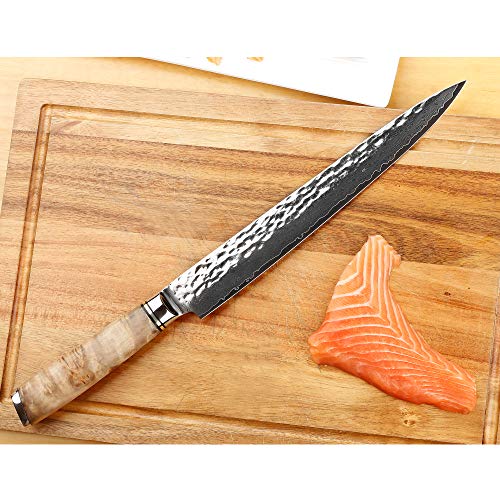 Sunlong Cuchillo de filete de pescado Sashimi de 10 pulgadas, acero japonés VG10 67 capas de acero inoxidable de alto carbono, cuchillo de talla de madera Burl, vaina de madera de nogal, SL-DK1313Y
